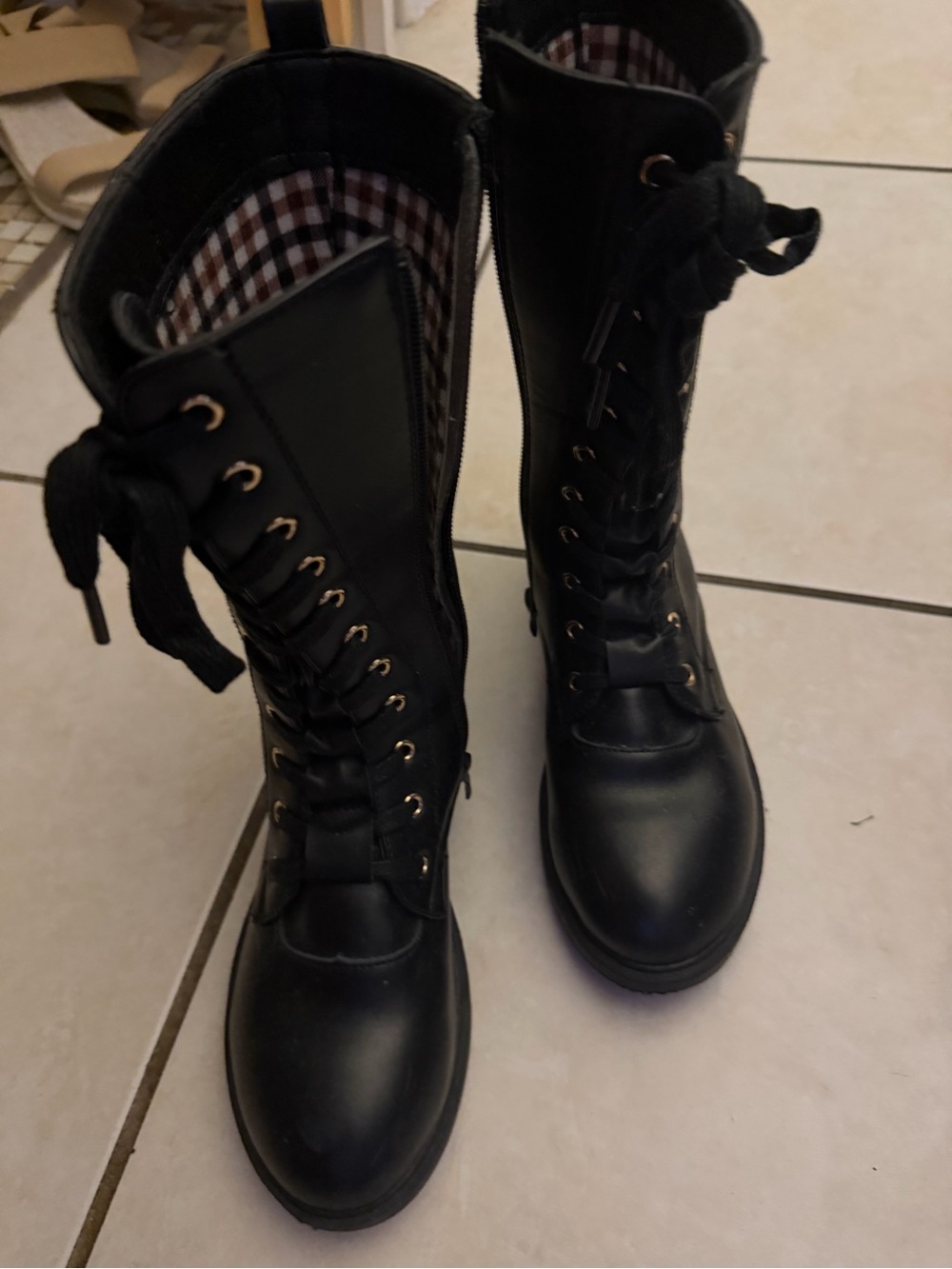 Kids Black Lace-Up Combat Boots with Side Zipper